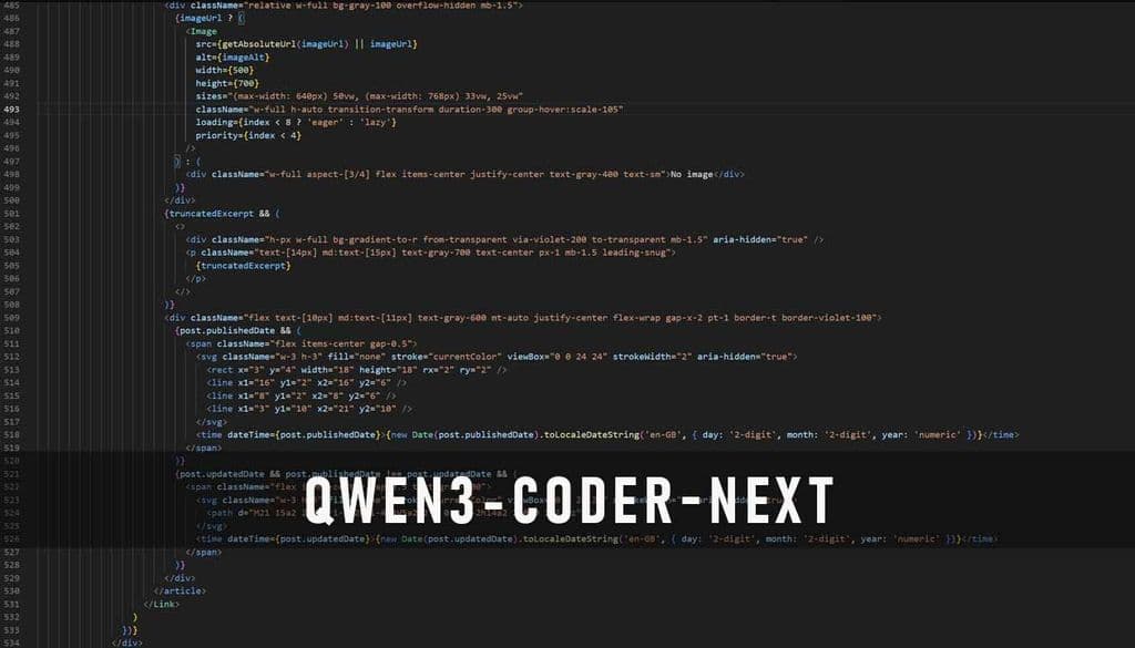 Qwen3 Coder Next local coding agent on laptop screen