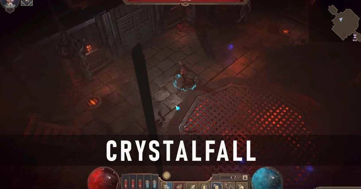 Crystalfall party fighting through a dark industrial dungeon