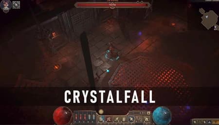 Crystalfall party fighting through a dark industrial dungeon