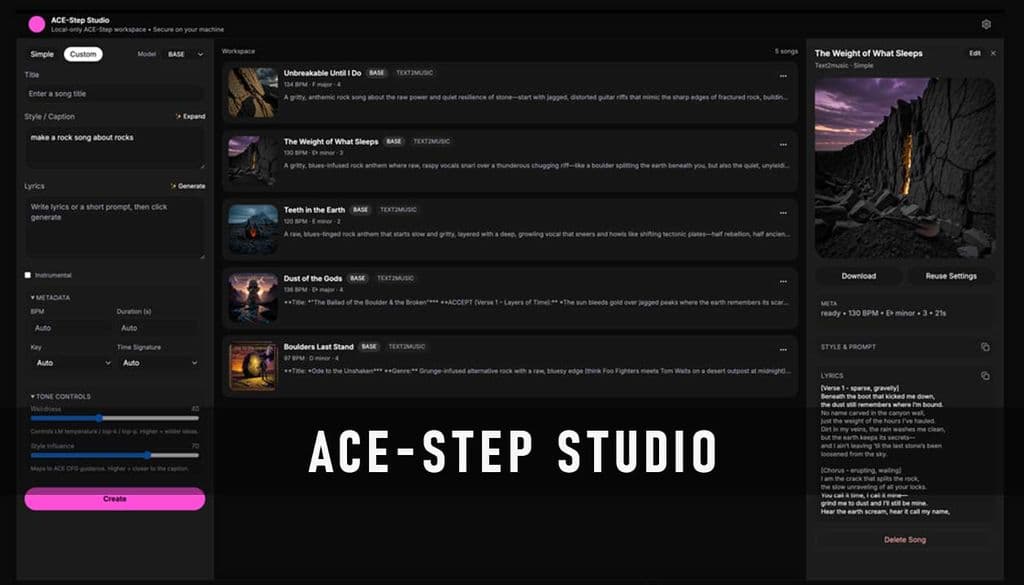 suno style local music studio ui screenshot