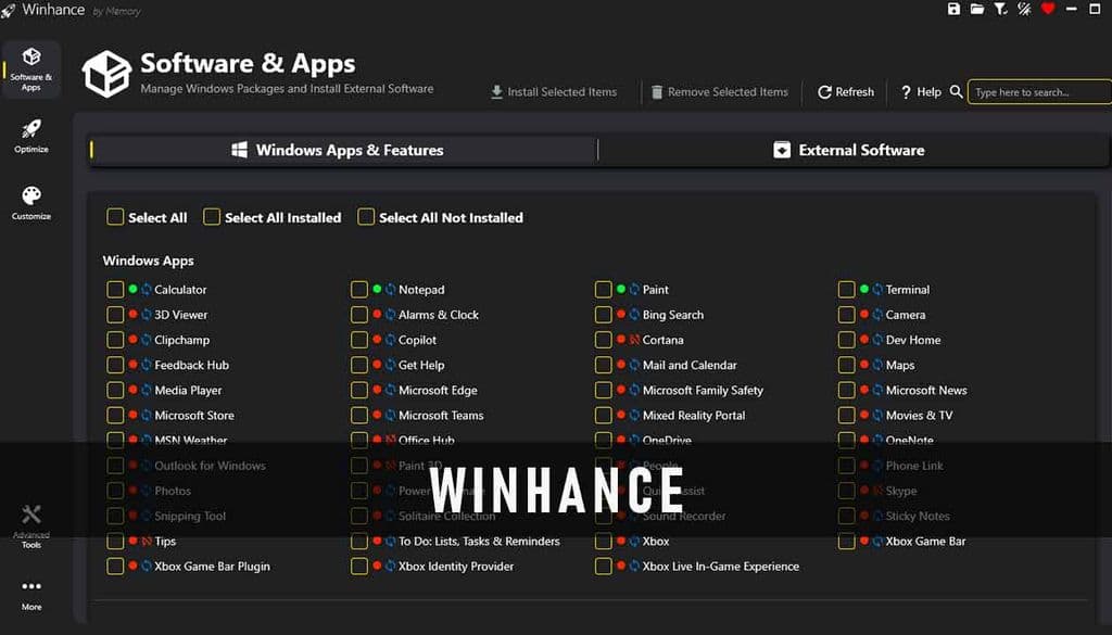 Winhance Optimization Dashboard on Windows 11 Screen