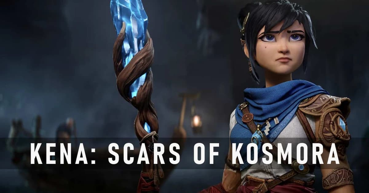 Kena Scars of Kosmora key art with spirit staff on Kosmora island.