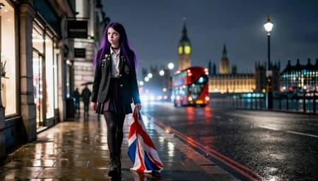 AI British Schoolgirl Amelia at Night Protest in London Streets