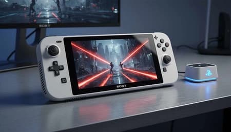 PS6 handheld Canis concept art with white dual‑screen console and PS logo